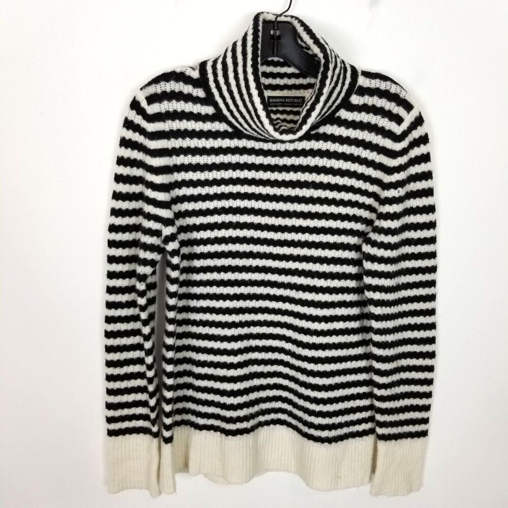 Banana Republic Women Turtleneck Striped‎ Wool Alpaca Sweaters Sz M Black White